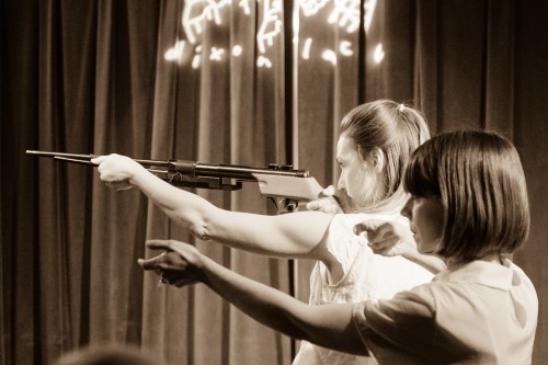 © Manish Gosalia Photography. Abby Payne and Emily Vetsch in a scene from The Gunfighter Meets His Match musical first look at Dixon Place.