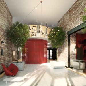 211 McGuinness Boulevard's sleek lobby. Rendering by Gene Kaufman.