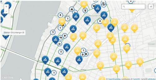 Williamsburg installed bike stations in blue. Yellow markers indicate future installation locations