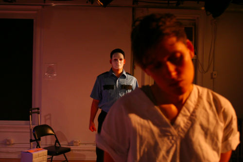 c/o Julia Steele Allen. Mariposa & the Saint: From Solitary Confinement, A Play Through Letters. Ray Huth plays the correctional officer and Julia Steele Allen plays Mariposa.