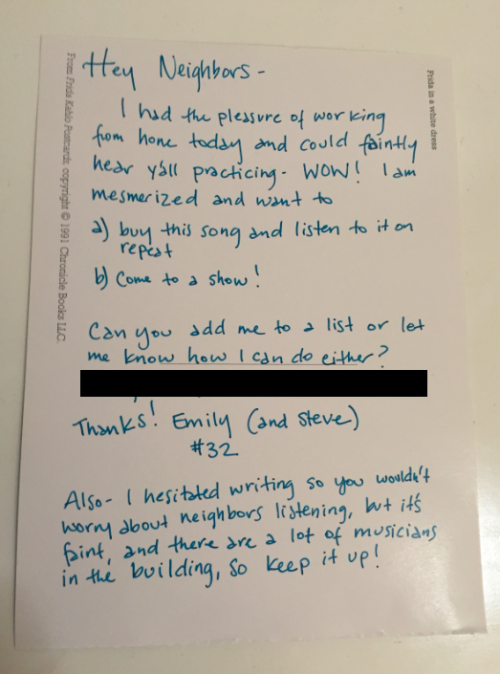 Courtesy of Nandi Rose Plunkett. Note to Plunkett and Cranitch after half of their first day of collaboration.
