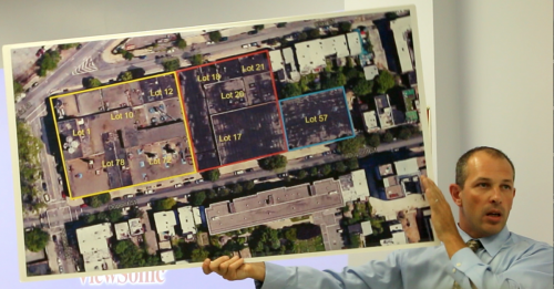 Michael Roux presents demolition plans for Lot 57 at July 15' community meeting in Greenpoint, Brooklyn; A. Simon