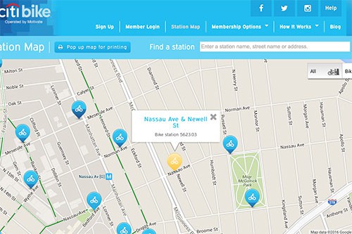 Map of planned Citibike rack on Nassau Ave.