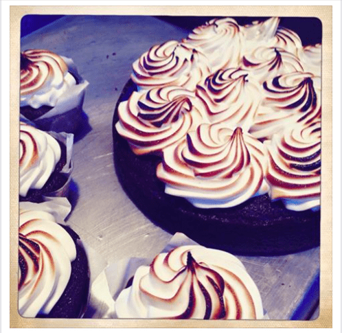 Chocolate & ginger cake with stout and vanilla marshmallow topping.