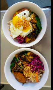 Whole grains, assorted vegetables of the day, and eggs; photo take from nhà minh Facebook page