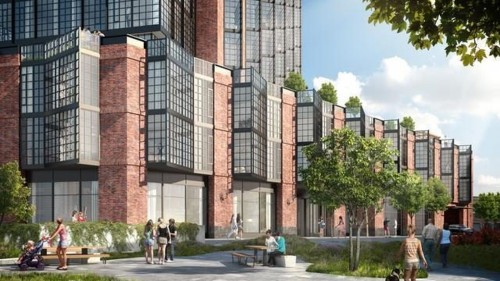 A rendering of a high-rise coming to Greenpoint Landing (via Brookfield Property Partners and Park Tower Group)