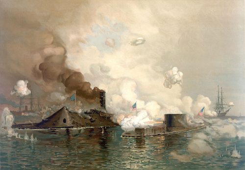 USS Monitor engaging CSS Virginia, 9 March 1862. Louis Prang & Co.; lithograph signed "Jo Davidson" via Library of Congress