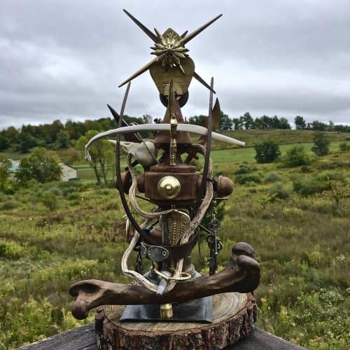 "Hekate," Susan Pullman Brooks. Private commission, found objects. Wood, metal, bone, glass, leather.