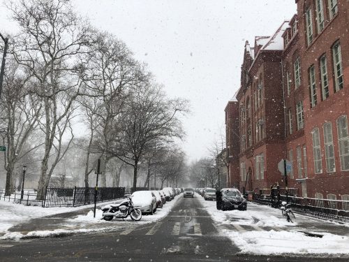 In front of McGolrick Park (left) and PS 110 The Monitor School during the snowstorm.
