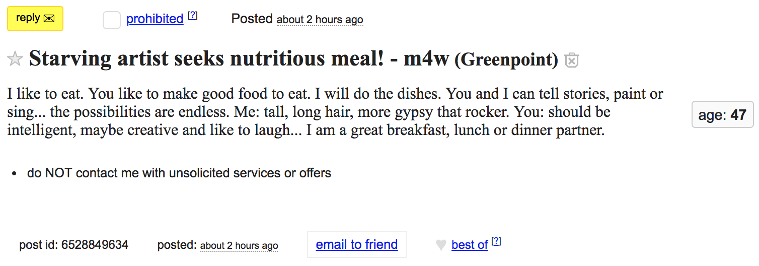 Starving Greenpoint Artist Seeking Food Via Craigslist