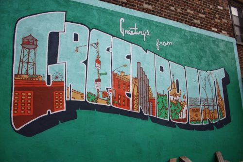 TBD Brooklyn's "Greetings From Greenpoint" mural, by Vincent Sacco and Aubrey Roemer
