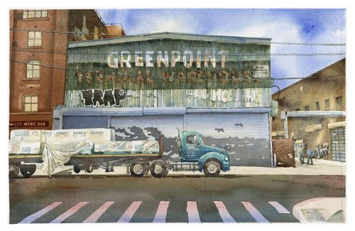 Greenpoint Terminal Warehouse, watercolor by Sven Johnson