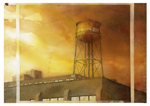 Watercolor of Greenpoint water tower, by Sven Johnson