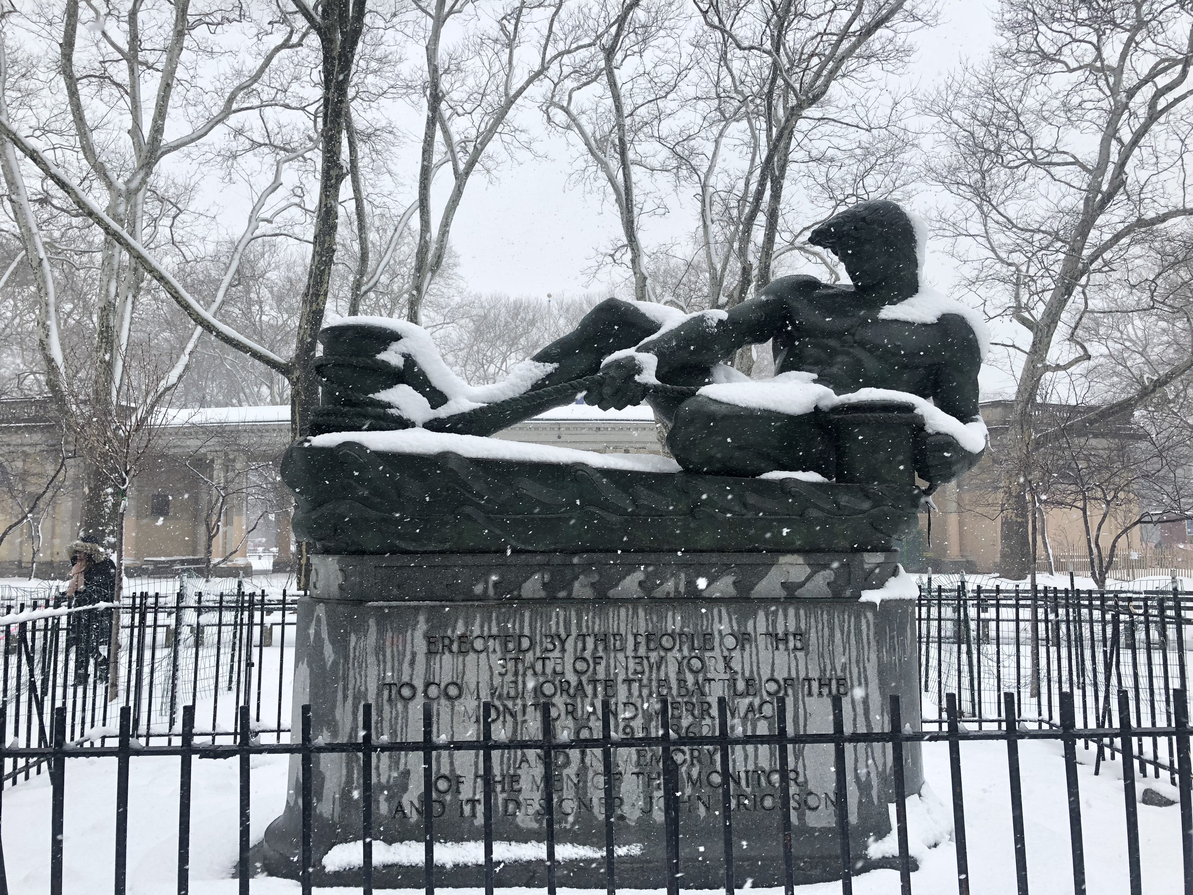 The "Male figure (heroic scale) tugging at a hawser with an integral plinth" looks cold. The Monitor Memorial at McGolrick Park.