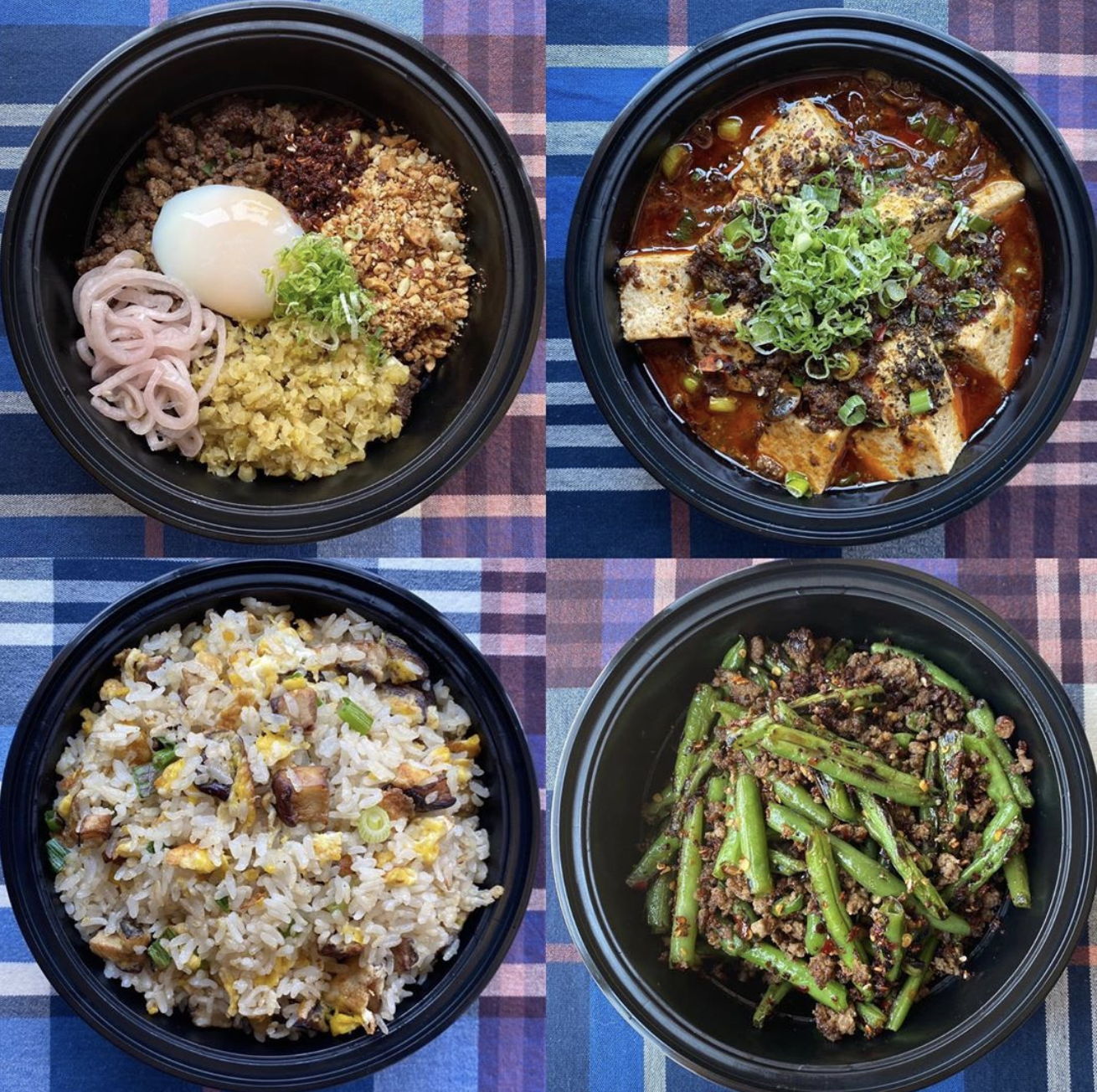 Spiced beef, mapo tofu, mushroom and egg fried rice and sauteed string beans by Chiko