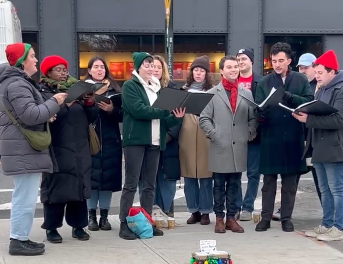 The Evergreenpoint Carolers singing in Greenpoint in 2024